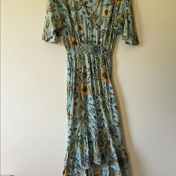 Petal and Pup Sz S Blue Floral Maxi Flutter Sleeve Ruched Waist V-Neck Sundress - Picture 4 of 9